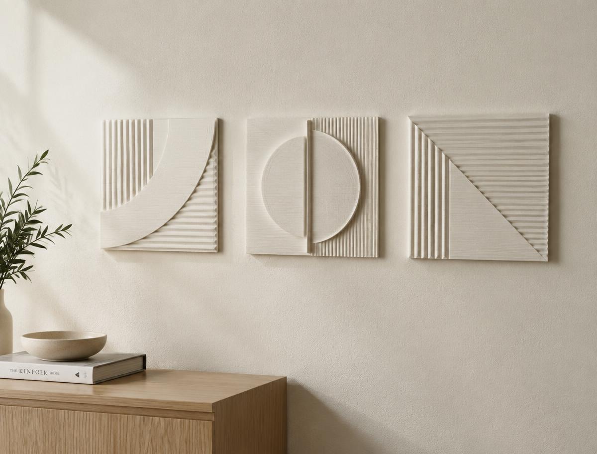 Dekorativt vægdisplay i Off-white, 3D-printet med synlig lagstruktur, fotograferet i dagslys