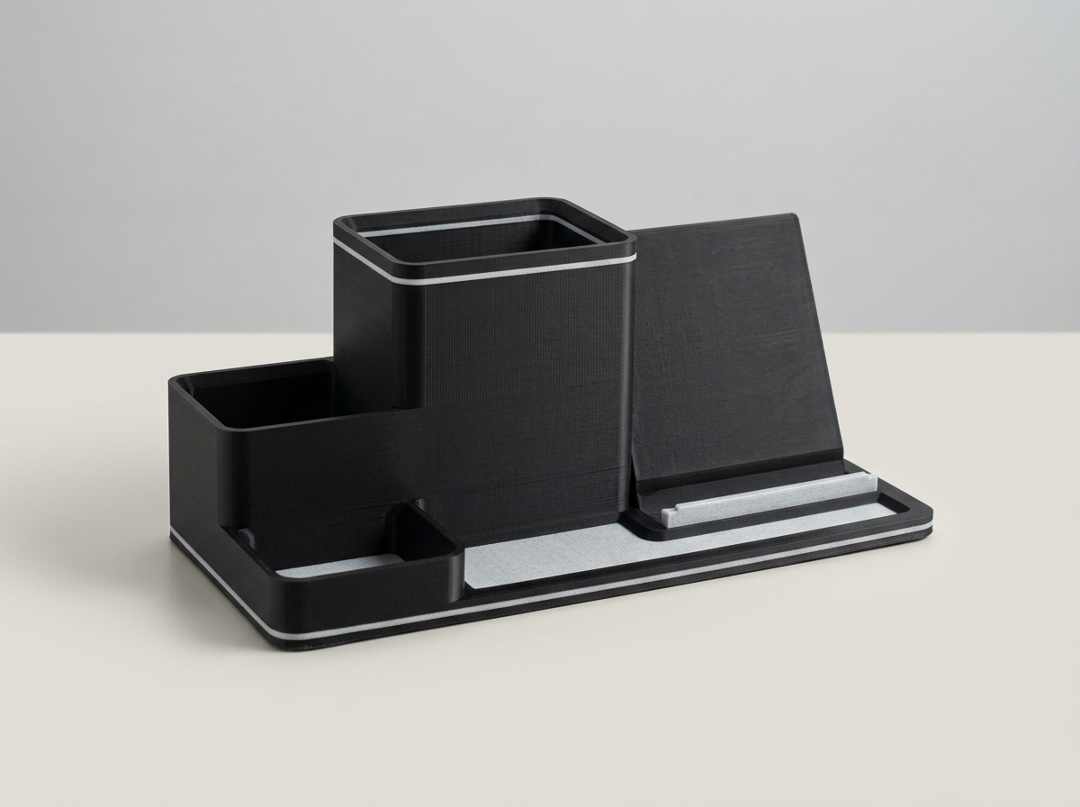 Penholder i Off-white, 3D-printet med synlig lagstruktur, fotograferet i dagslys