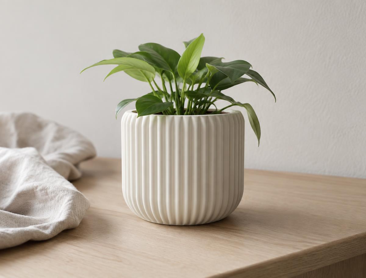 Ribbet plantecover i Off-white, 3D-printet med synlig lagstruktur, fotograferet i dagslys