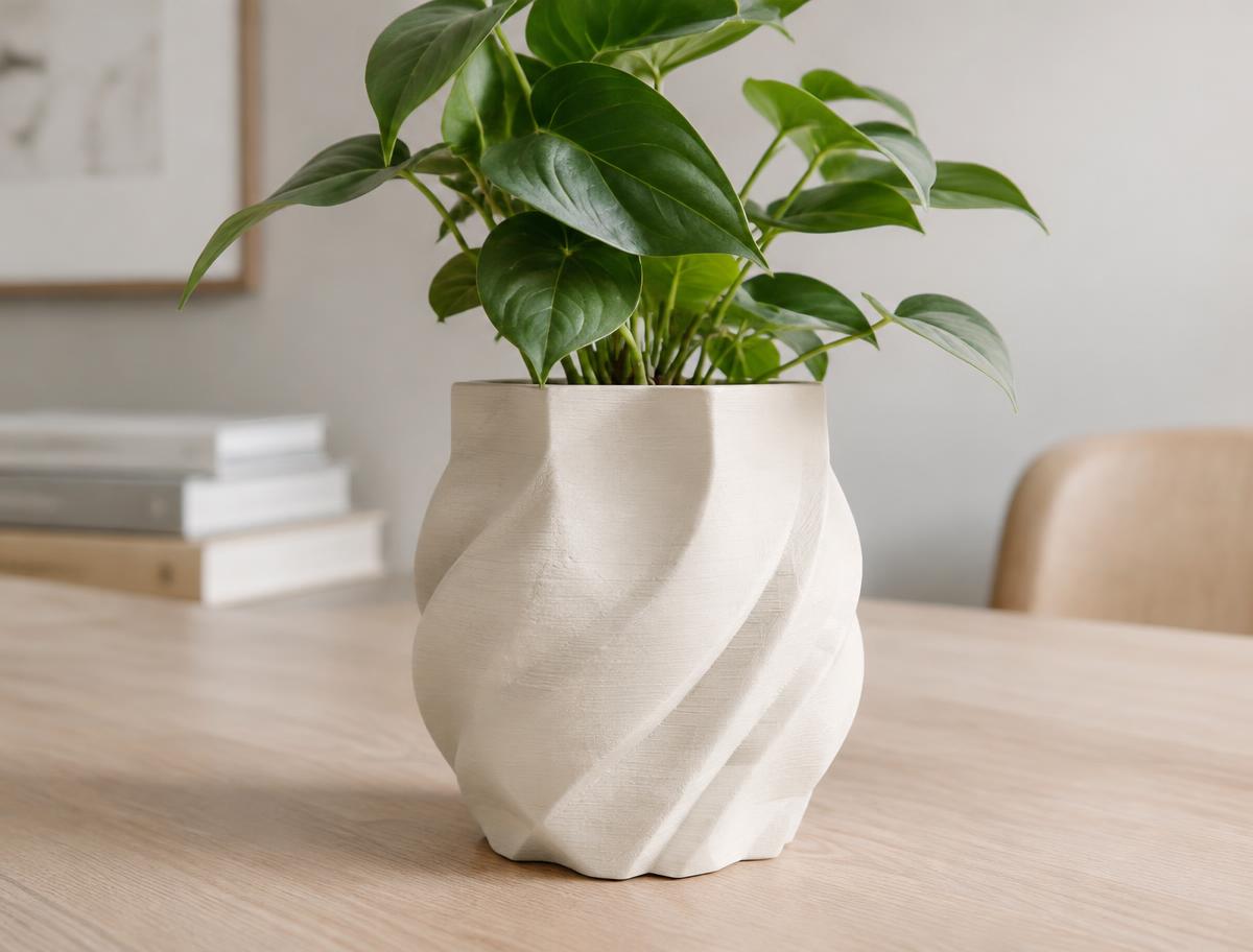 Skulpturelt plantecover i Off-white, 3D-printet med synlig lagstruktur, fotograferet i dagslys