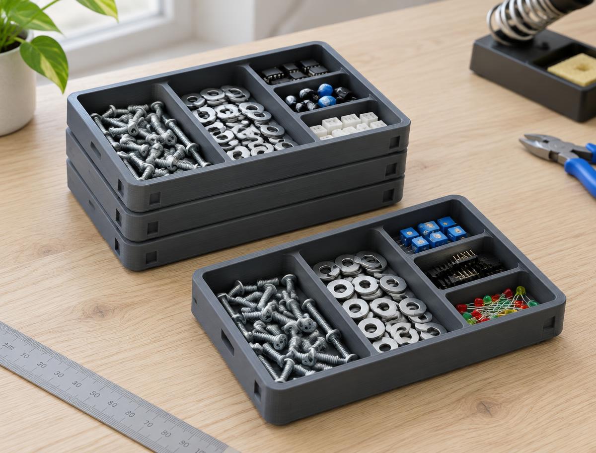 Sorteringsbakker til småting i Charcoal, 3D-printet med synlig lagstruktur, fotograferet i dagslys