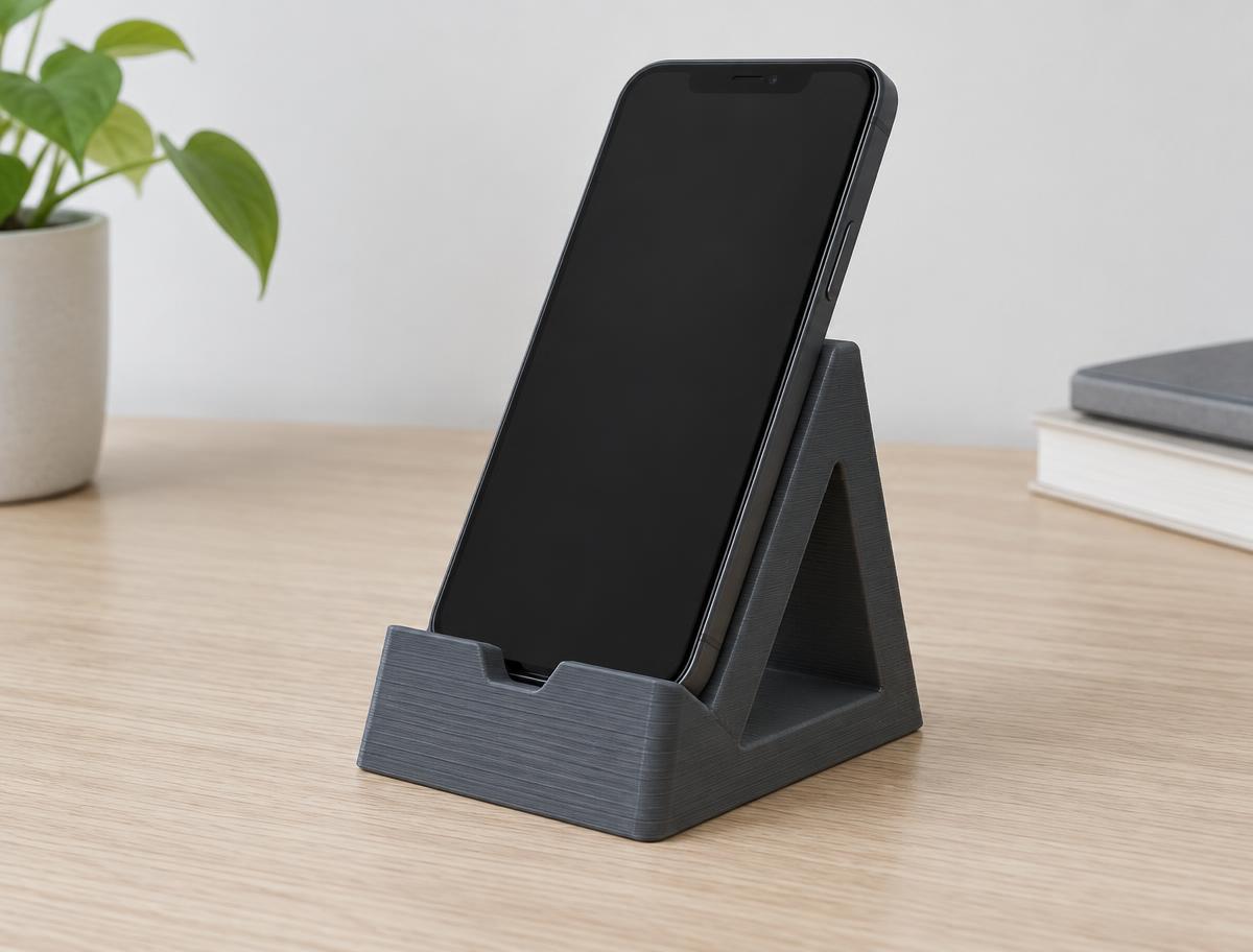 Telefonholder i Charcoal, 3D-printet med synlig lagstruktur, fotograferet i dagslys